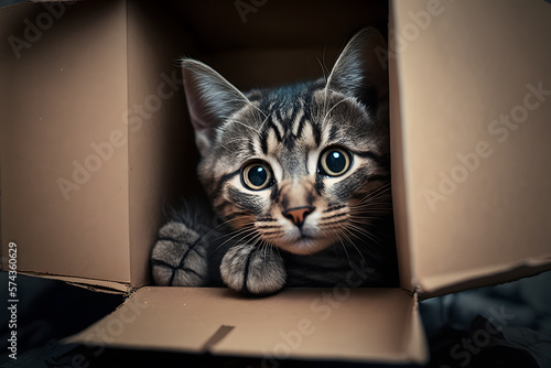 Portrait Cute grey tabby cat in cardboard box on floor at home photography made with Generative AI © yuniazizah