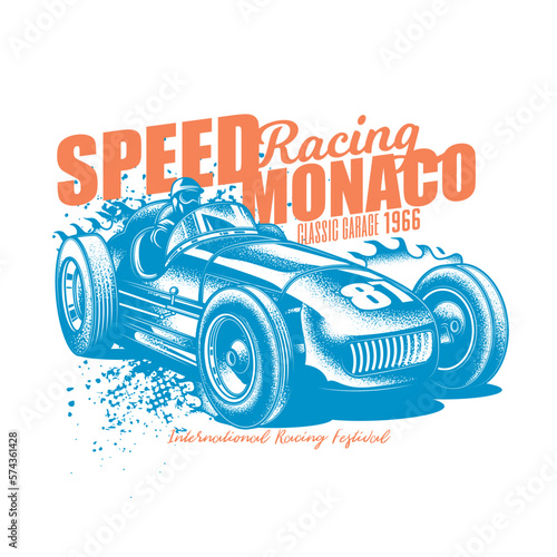 Original vector illustration in vintage style. An old vintage racing car. T-shirt design, stickers, print.