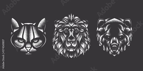 Abstract vector set of animals. Lion, cat, bear. T-shirt design. Design elements.