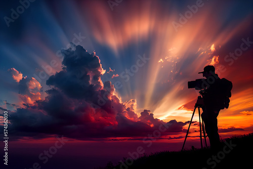 silhouette of photographer on beautiful sunset sky