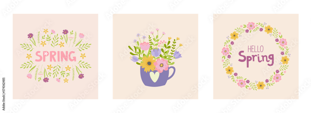 Set of spring mood posters template. Welcome spring season greeting card. Minimalist postcards with cute cartoon elements and lettering. Doodle flat style Set of spring mood posters template. Welcome spring season greeting card. Minimalist postcards with cute cartoon elements and lettering. Doodle flat style