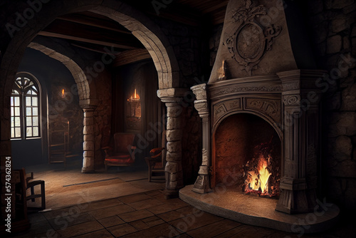 Room with a fireplace in an old castle. AI generated