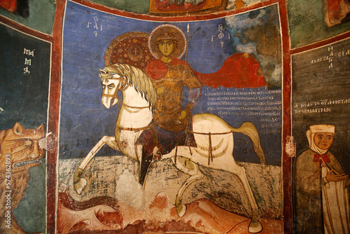 Panagia tis Asinou byzantine church. St George fresco. Cyprus.