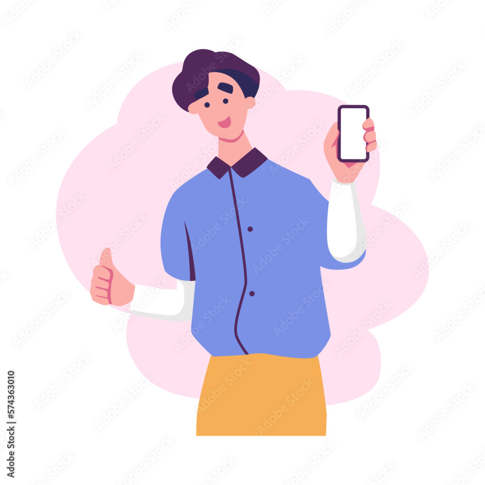 happy young men holding smartphone flat illustration vector design