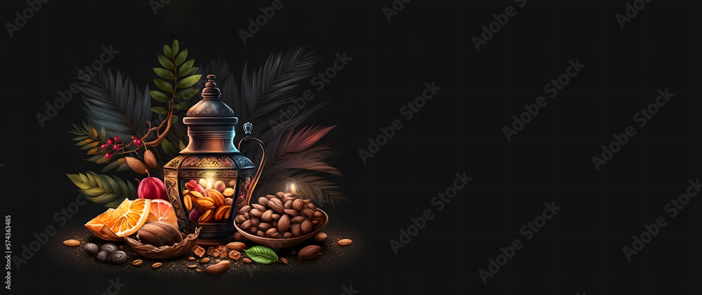Fototapeta premium Arabic lantern of ramadan celebration background illustration, copy space banner