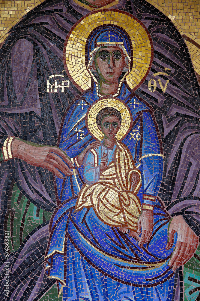 Kykkos monastery, Cyprus. Mosaic detail. St Ann carrying Mary and Jesus.