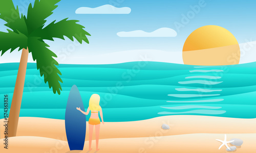 Tropical beach panorama background with girl standing on the beach with surf or paddle board, vector