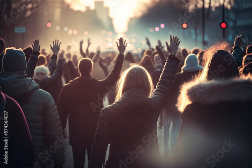 Crowd of people at a protest rally in America against the current government with their hands in the air, view from the back, peaceful march of the country's for freedom and democracy. Generative AI