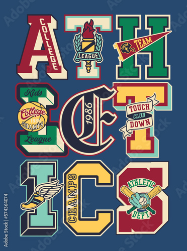 College athletic department embroidery letters patchwork vintage vector artwork for boy shirt sport patches mix collection