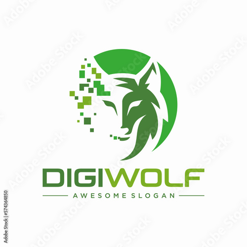 Wolf Head Digital Tech Pixel Logo Design Vector Template