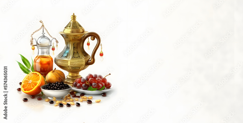 Arabic coffee pot date fruit and rosary beads, Dallah isolated on white free space banner, Ramadan Kareem Iftar party celebration. traditional teapot with Dried Date fruits in the bowl