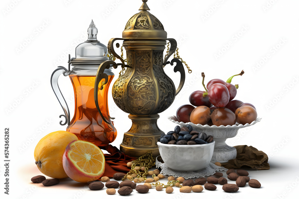 Arabic date fruit, coffee pot, and rosary beads, figs, palm isolated on white background, festive still life with oriental ramadan lantern and iftar food concept