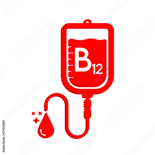 Vitamin B12 drip saline bag icon red form simple line. Vitamins iv saline solution isolated on white background. Medical symbol concept. Design for use web app mobile, print media. Vector EPS10.