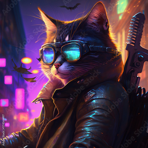 Stylish cat looking serious with glasses and leather jacket in steampunk style