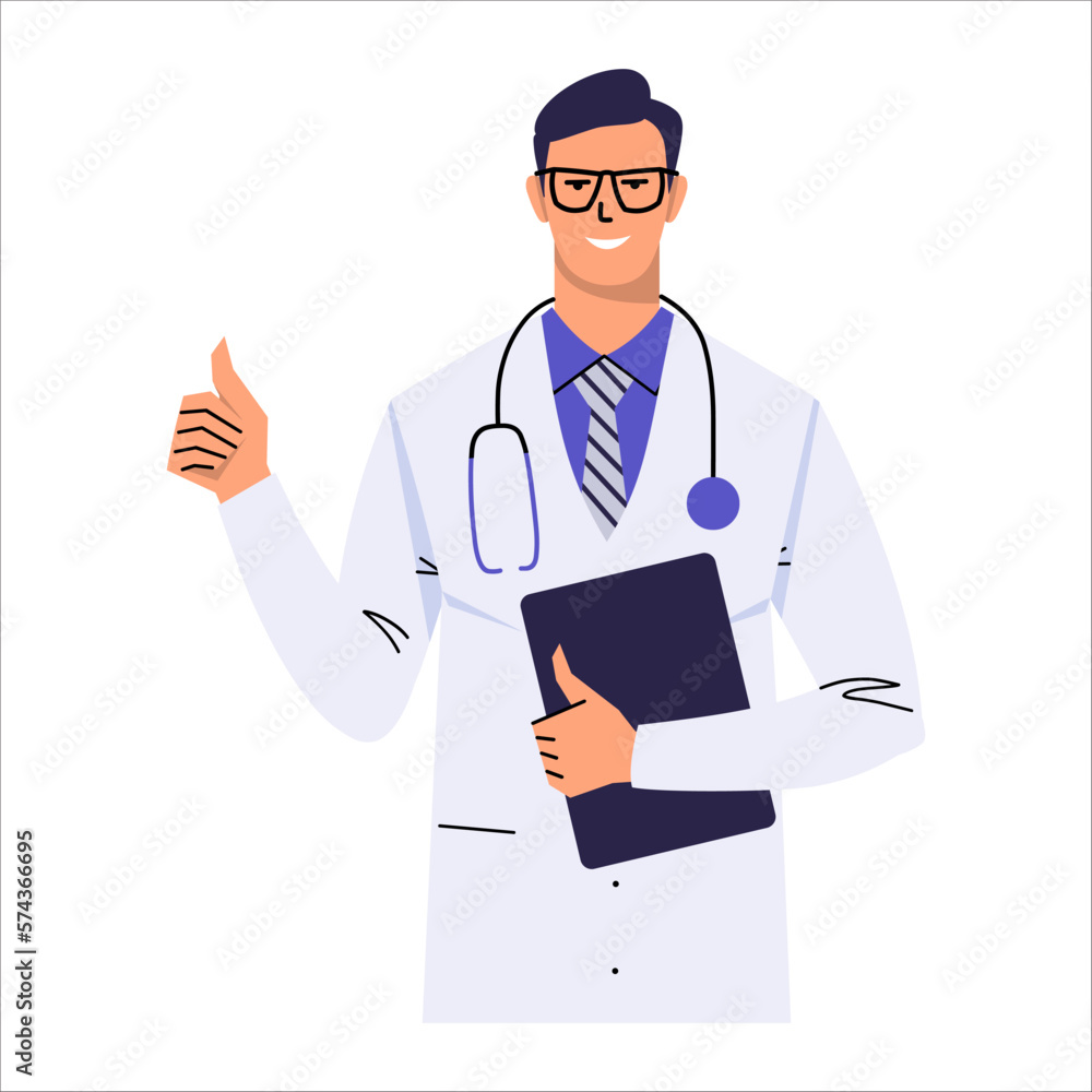 Portrait of a doctor in glasses showing a thumbs up. A gesture of approval, cool, super. Medical worker with stethoscope, clipboard and white coat. Isolated on white background. Flat style. Vector. Portrait of a doctor in glasses showing a thumbs up. A gesture of approval, cool, super. Medical worker with stethoscope, clipboard and white coat. Isolated on white background. Flat style. Vector.