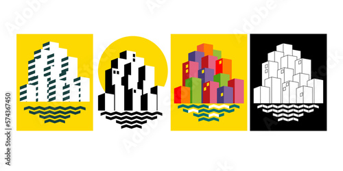 Set with the city.  High-rise buildings in yellow colors.  Rent, hotel, real estate. Vector illustration in flat style