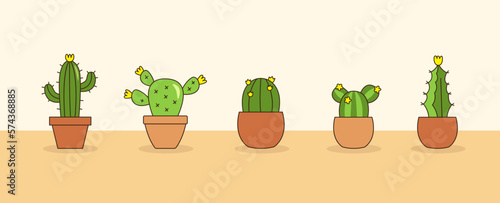 Cactus pots with yellow flower vector collection, succulent.