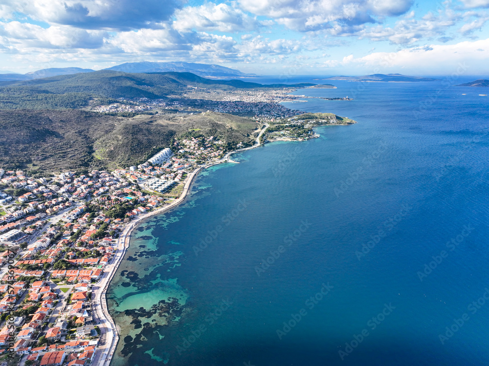 Urla Cesmealti aerial view with drone. Turkey's touristic seaside town in the Aegean; Urla - Cesmealti.
