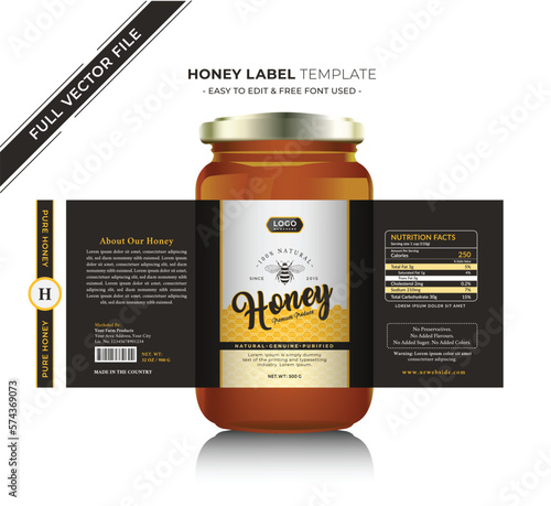 Honey design and natural honey label with vector new honey jar label product design creative packaging gold honey and black label sticker food label.