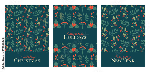 Winter holidays card templates with floral, botanical patterns. Merry Christmas, Happy New Year banners, invitations with flat illustration of plants, mistletoe, holly berry, text, leaves, branches.