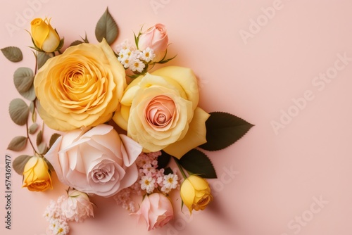 Beautiful composition spring flowers. Roses on flat Lay with Copy Space for Text for Women s Day  Valentine s Day   Mother s Day. Generative AI.