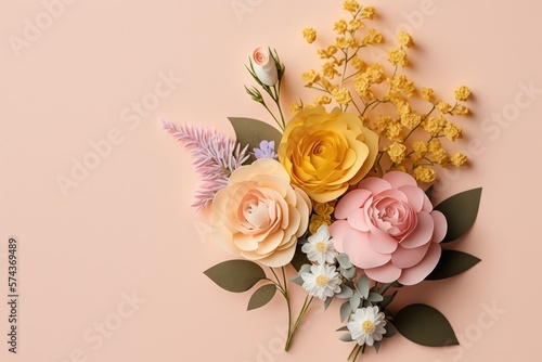 Beautiful composition spring flowers. Roses on flat Lay with Copy Space for Text for Women's Day, Valentine's Day & Mother's Day. Generative AI. © Moonlight Graphics