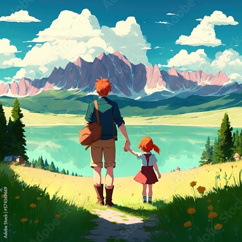 A little girl and an adult go to the mountains. Rear view. Generative AI