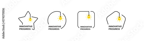 Innovative progress icons set. Geometric shapes, innovation. ideas, science, technology, development, team, curiosity, search, future, solution, thinking. Progress concept. Set of vector icons.