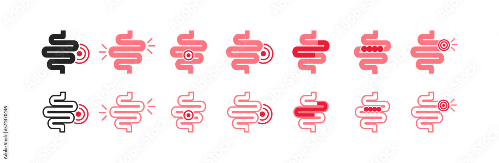 Gastrointestinalc Problem Icon Problems with intestines icons set. Flat, ulcer, pain, bloating ...