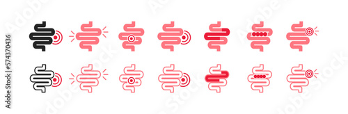 Problems with intestines icons set. Flat, ulcer, pain, bloating, microflora, constipation, attachment, bloating, discomfort, stabbing pain, stomach, anatomy, disease. Health concept. Vector icons