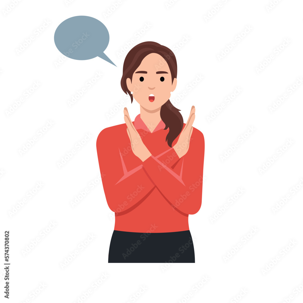 Young female say NO with negative gesture. Concept of rejection, refusing denial, disagree woman choice decision. Flat vector illustration isolated on white background Young female say NO with negative gesture. Concept of rejection, refusing denial, disagree woman choice decision. Flat vector illustration isolated on white background
