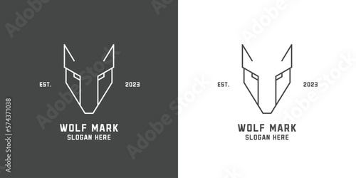 Wolf face outline logo design illustration Outline vector icon simple flat symbol dangerous wild animal alpha ferocious mammal creative idea. Figured husky canine statue mask. Wolf line logo