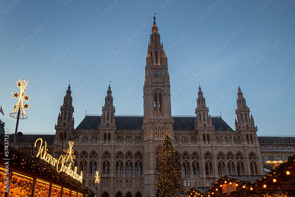 Image of the city hall building in Vienna, Austria at Christmas at night.