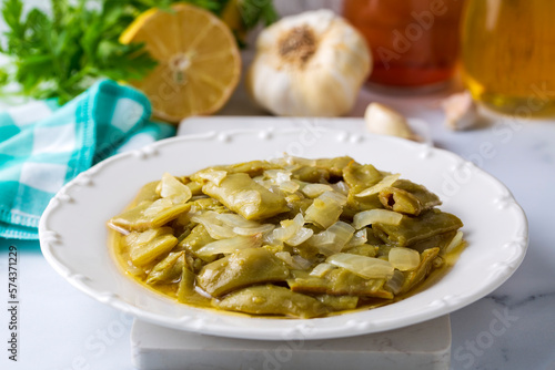 Traditional delicious Turkish food; bean pickle roast. Plate of pickle roasting (tursu kavurma) in the Black Sea region of Turkey. Turkish name; tursu kavurma or fasulye tursusu