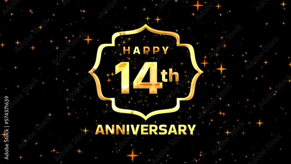 Happy 14th Anniversary animation text in gold color on particles ...
