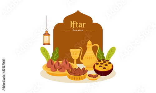 Ramadan Kareem with Delicious Iftar Fasting Food Illustration