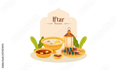 Ramadan Kareem with Delicious Iftar Fasting Food Illustration