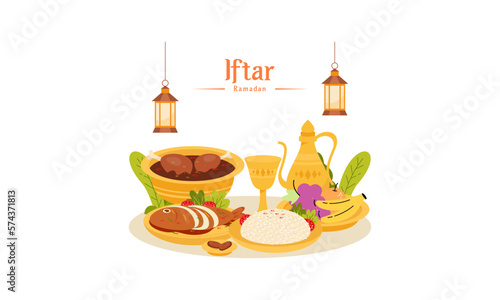 Ramadan Kareem with Delicious Iftar Fasting Food Illustration