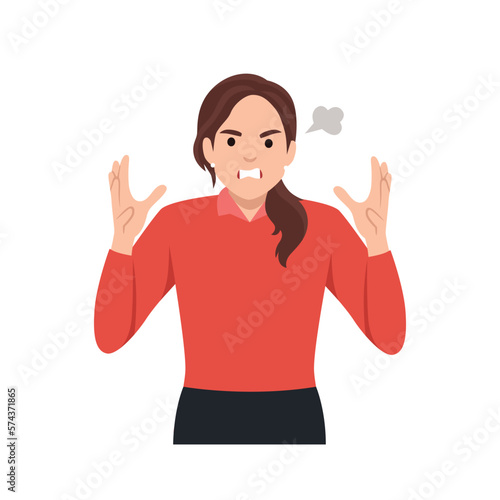 Young woman get angry and scream. Flat vector illustration isolated on white background