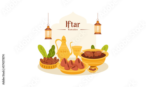 Ramadan Kareem with Delicious Iftar Fasting Food Illustration