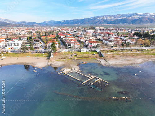 Fototapeta Naklejka Na Ścianę i Meble -  Aerial view Aziz Neophytos Basilica (After Isa 740) under Iznik lake in Bursa, Turkey.