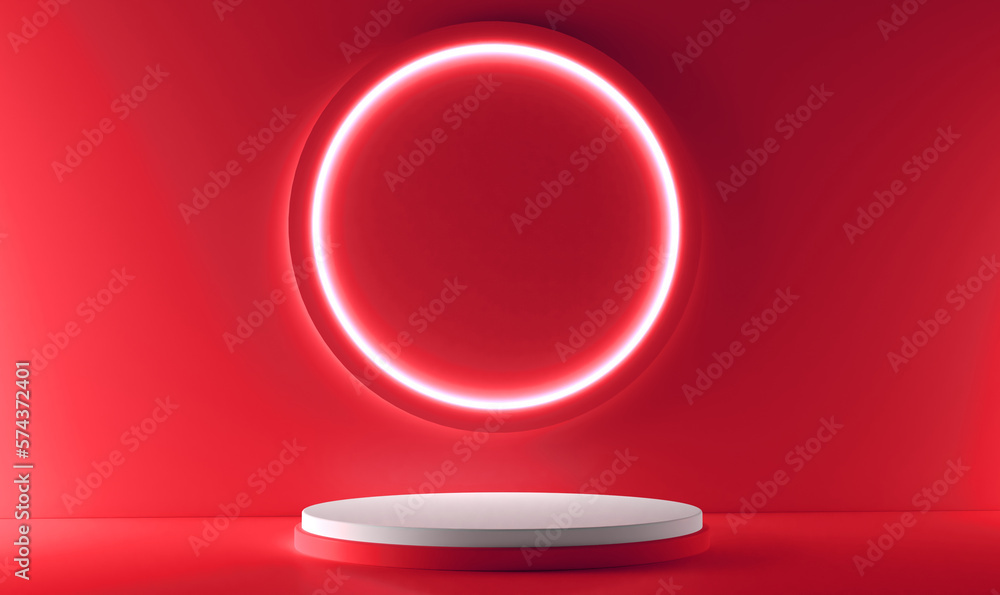Red realistic 3d cylinder stand podium with glowing white neon in circle shape. Abstract 3D Rendering geometric forms. Minimal scene. Stage showcase, Mockup product display. Red realistic 3d cylinder stand podium with glowing white neon in circle shape. Abstract 3D Rendering geometric forms. Minimal scene. Stage showcase, Mockup product display.
