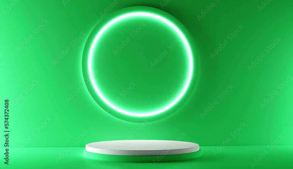 Green realistic 3d cylinder stand podium with glowing neon in circle shape. Abstract 3D Rendering rendering geometric forms. Minimal scene. Stage showcase, Mockup product display. Green realistic 3d cylinder stand podium with glowing neon in circle shape. Abstract 3D Rendering rendering geometric forms. Minimal scene. Stage showcase, Mockup product display.