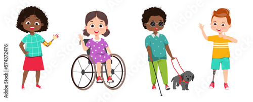 Set of physically challenged, handicapped kids laughing. Little girl has artificial arm, girl in a wheelchair boy has artificial leg, other boy is blind in sunglasses with guide dog. Cartoon