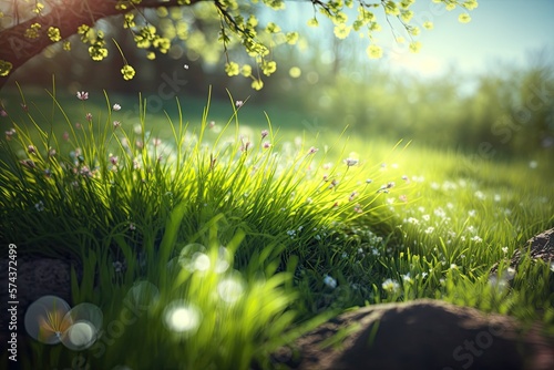 Green Meadow Summer Blurred Bokeh Background (Created with Generative AI)