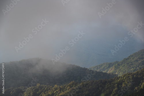 Beautiful view and the mist on the mountain at doi monjong.Doi Mon Jong is one of the top ten peaks in Thailand. Its beautiful landscape is filled with mountain ranges and pretty flowers