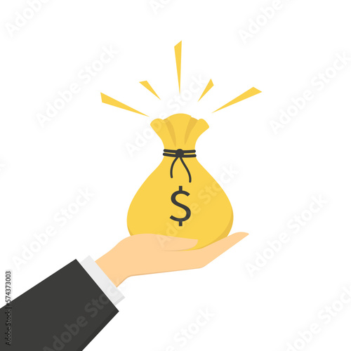 A yellow gold money bag with a black drawstring on hand. Vector illustration in a flat style on a white background. In cartoon style.