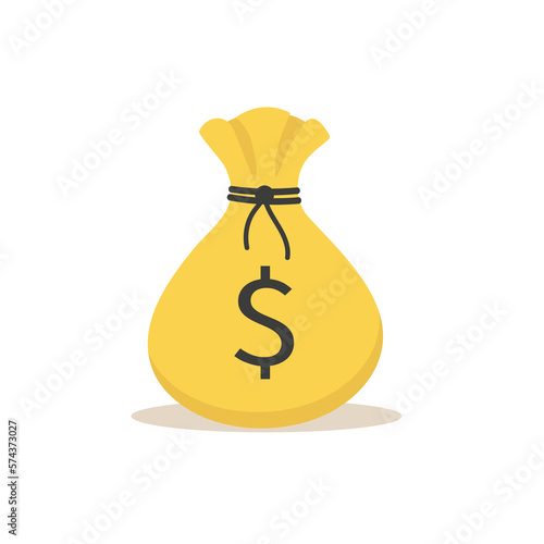 The money bag icon is golden yellow with a black drawstring. Vector illustration in a flat style on a white background. In cartoon style.