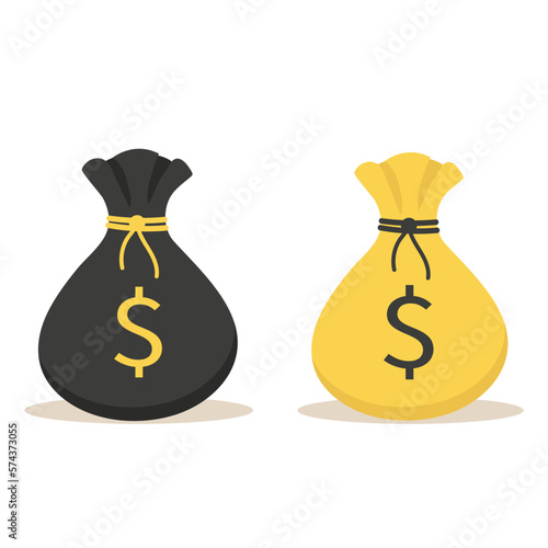 Two money black and yellow bag icons with a white and yellow golden drawstring. Vector illustration in a flat style on a white background. In cartoon style.