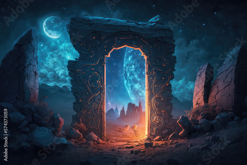 Abstract fantasy glacial winter cold neon landscape. Winter snowy landscape. Winter background, ice, Ice magic portal, light entrance. North polar relief. 3D illustration. (ai generated)